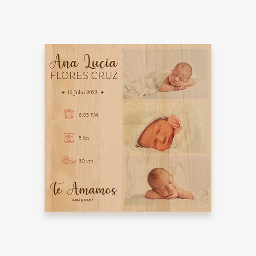 Cuadro de Madera Personalizado: Tres Fotos y Datos de Nacimiento del Bebé con Mensaje de Amor